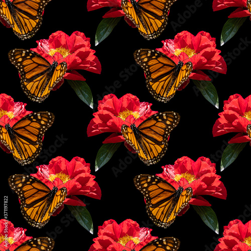 Colorful floral seamless pattern with red peony flowers and monarch butterflies collage on black background. Stock illustration.
