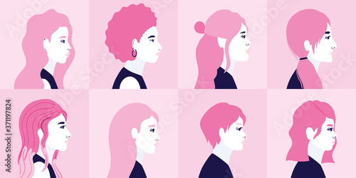diversity women cartoons in side view in pink frames background design, people multiethnic race and community theme Vector illustration