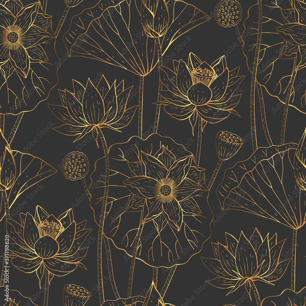 Golden floral seamless pattern with hand drawn lotus flowers and leaves on black background. Stock vector illustration.