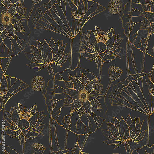 Golden floral seamless pattern with hand drawn lotus flowers and leaves on black background. Stock vector illustration.