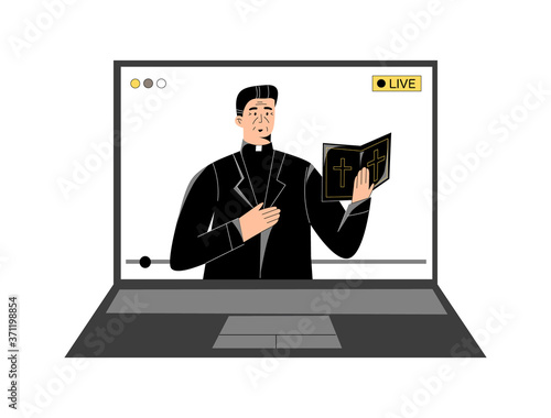Pastor with a holy bible giving online church service, sermon online, video live streaming on laptop. Sermons and modern technology, watch online worship, priest praying online. Modern church concept 