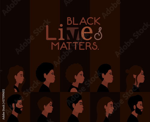 women and men cartoons in side view with black lives matters text design of Protest justice and racism theme Vector illustration