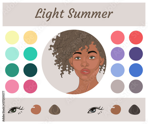 Stock vector seasonal color analysis palette for light summer. Best colors for light summer type of female appearance. Face of young african american woman