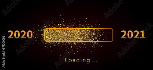 New year 2021 loading progress bar with golden glitter confetti isolated on black background. Holiday banner, poster, greeting card or invitation template. Vector New Year illustration