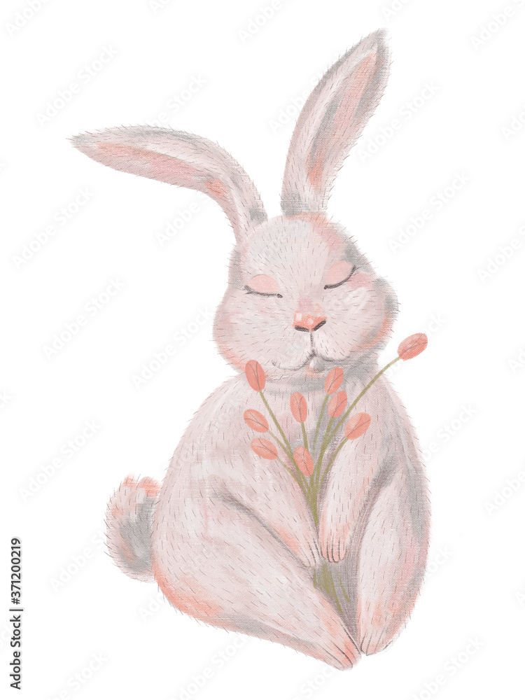 Fototapeta premium Cute gentle field wild rabbit. for printing on a poster, postcard, clothing and fabric.