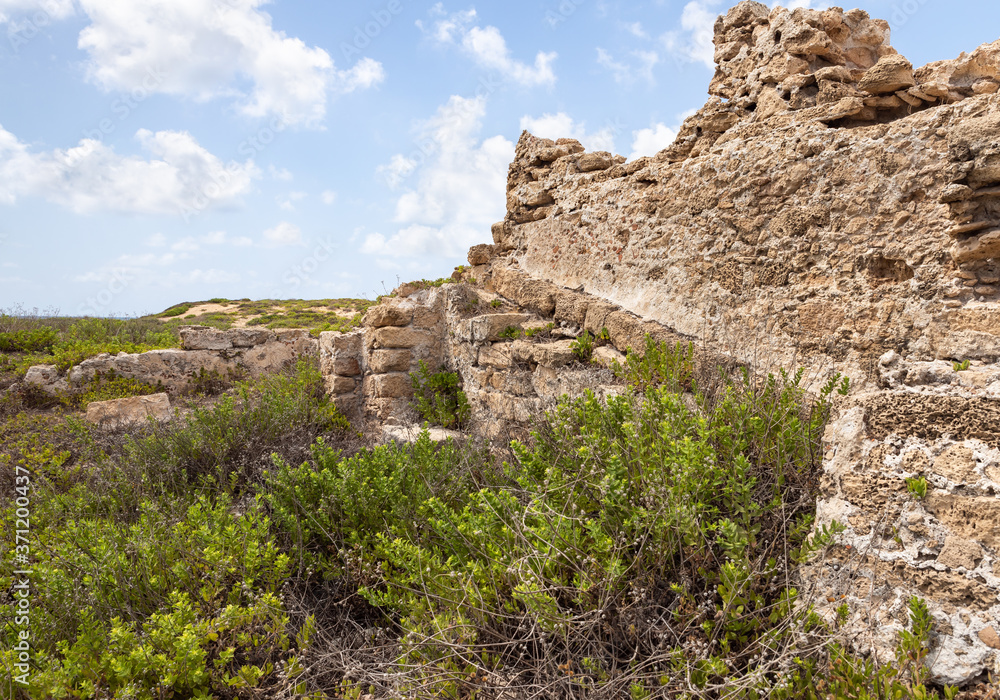 Remains of the old ruins of the - Turris Slinarum - Salt Tower fortress near to Jisr Ez Zarqa arab village. Located near the Atlit city in northern Israel Remains of the old ruins of the - Turris Slinarum - Salt Tower fortress near to Jisr Ez Zarqa arab village. Located near the Atlit city in northern Israel