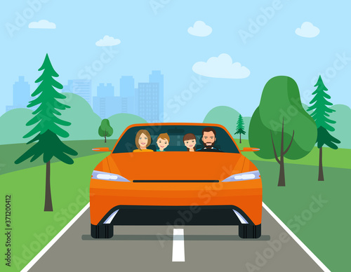 Family driving in modern electric car on weekend holiday. Vector flat illustration