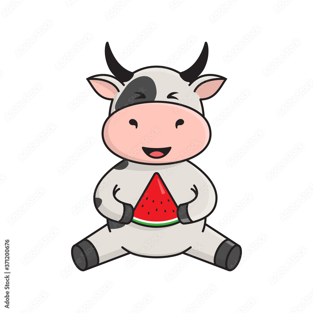 A cute bull or cow sits and eats a slice of watermelon. 2021 - The year of the Ox in the Eastern calendar. Vector stock flat illustration isolated on a white background A cute bull or cow sits and eats a slice of watermelon. 2021 - The year of the Ox in the Eastern calendar. Vector stock flat illustration isolated on a white background