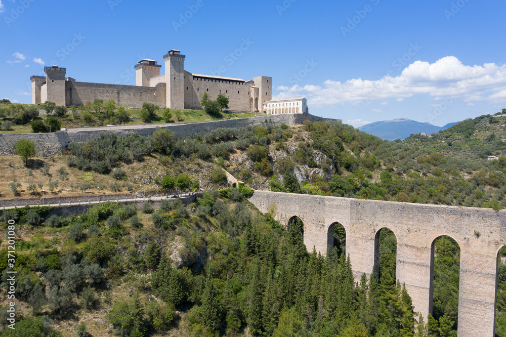 aerial view of the bridge of the towers and the castle of spoleto umbria italy