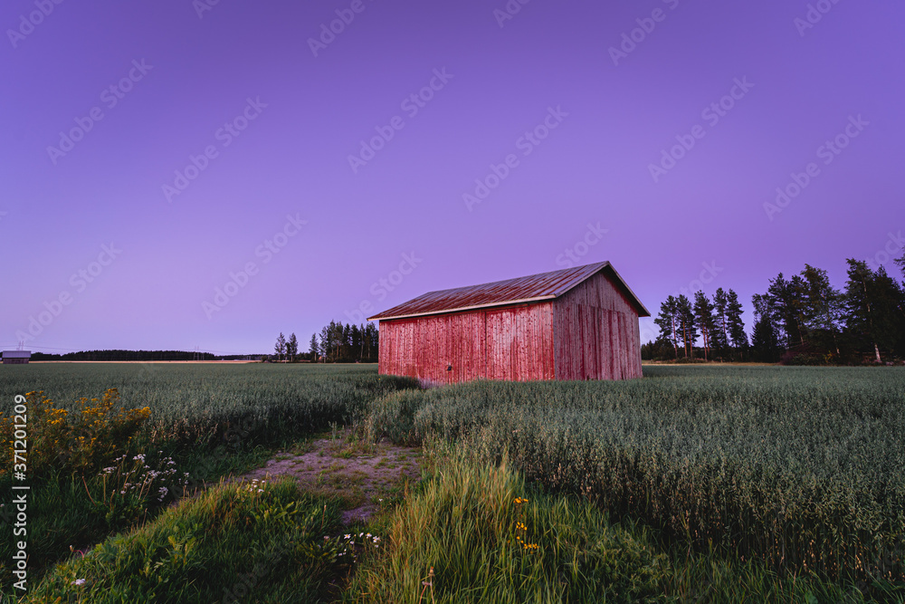 Old abandoned barn on a rural field during blue hour