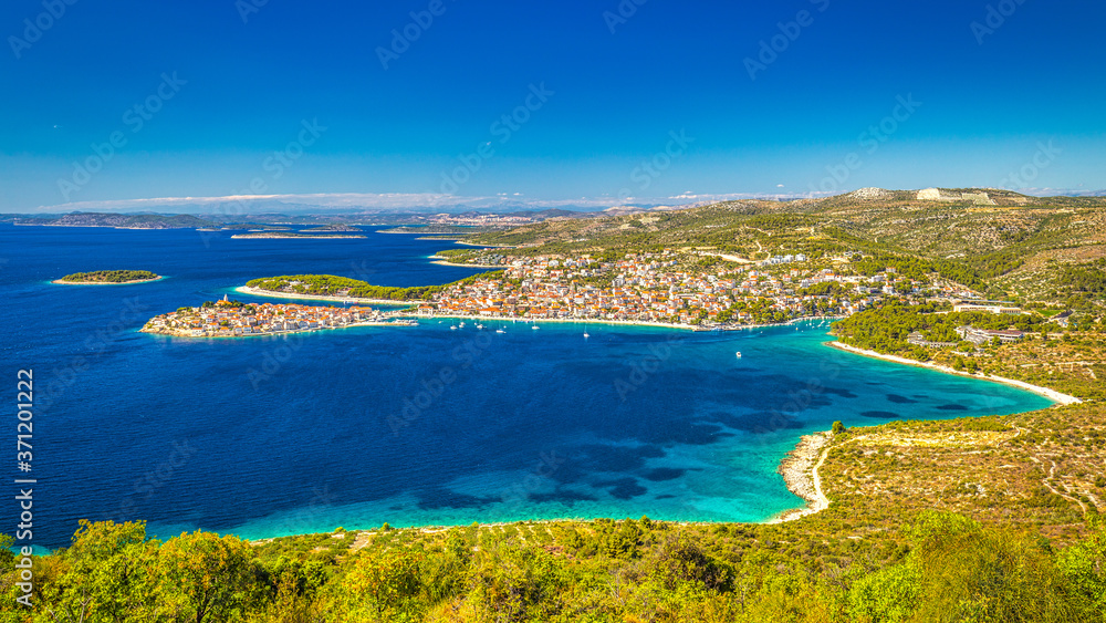 Panoramic view of Adriatic coast with The Primosten town in Croatia, Europe.