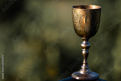 Obraz na plátne Holy Grail. Elegant, glod, vintage cup on blurry background.