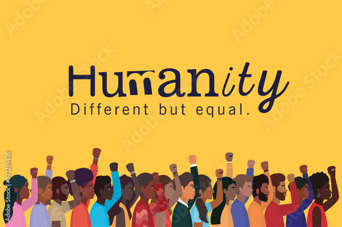 humanity women and men cartoons with fists up design, diversity people multiethnic race and community theme Vector illustration