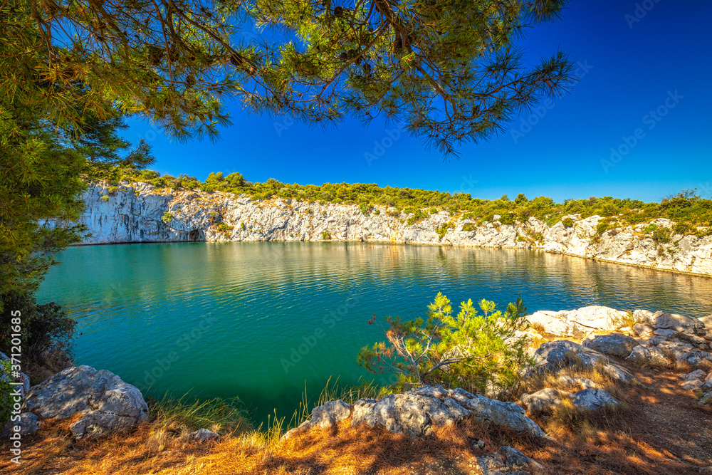The Zmajevo oko, Dragon's Eye lake at sunny day. The Rogoznica village, a popular tourist destination on the Dalmatian coast of Adriatic sea in Croatia, Europe.