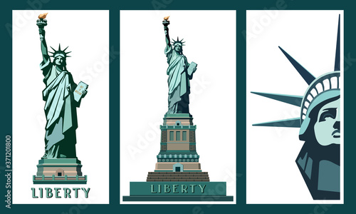 US Statue of Liberty. Set, Template, New York City Landmark. Poster sculpture, illustrations. Green logo on a white background. American symbol. Use presentations, text, emblems, labels, logo, vector