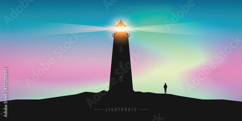 lonely girl by the lighthouse with aurora borealis in the colorful sky vector illustration EPS10