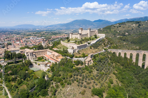 aerial view of the city of spoleto with a view of the castle and the bridge of the towers umbria italy