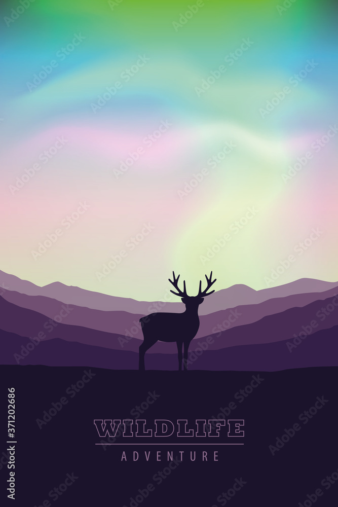 wildlife adventure elk in the wilderness at nothern lights vector illustration EPS10