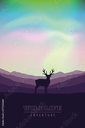 wildlife adventure elk in the wilderness at nothern lights vector illustration EPS10