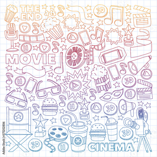 Cinema, movie. Vector film symbols and objects