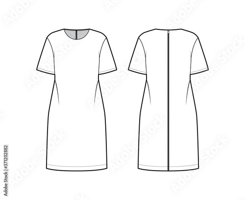 Back zip-up oversized dress technical fashion illustration with round neck, elbow sleeves, below-the-knee length. Flat apparel tunic template front, back, white color. Women, men, unisex CAD mockup