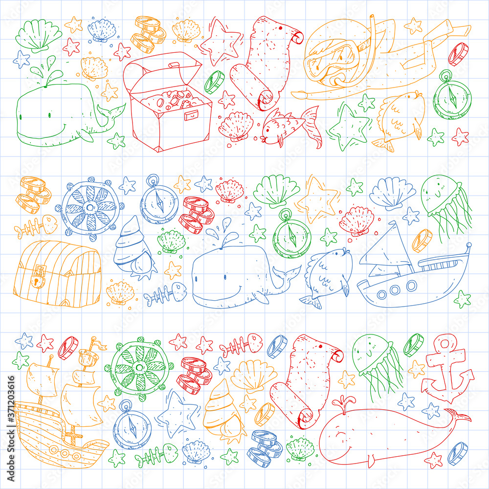 Vector icons of sea ocean adventure for little children. Nautical pattern for kids. Whale, pirates, pirate map, treasure chest, diving and fishes. Vector icons of sea ocean adventure for little children. Nautical pattern for kids. Whale, pirates, pirate map, treasure chest, diving and fishes.