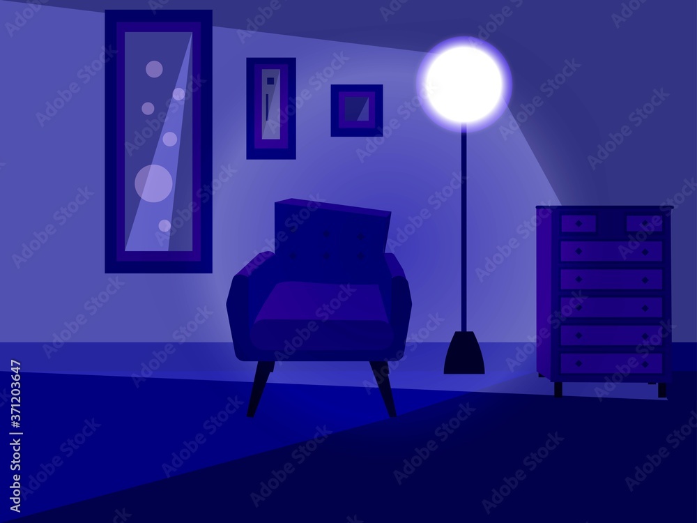 The illustration of a colorful living room with armchair, cupboard, glowing lamp and framed art prints on the wall The illustration of a colorful living room with armchair, cupboard, glowing lamp and framed art prints on the wall