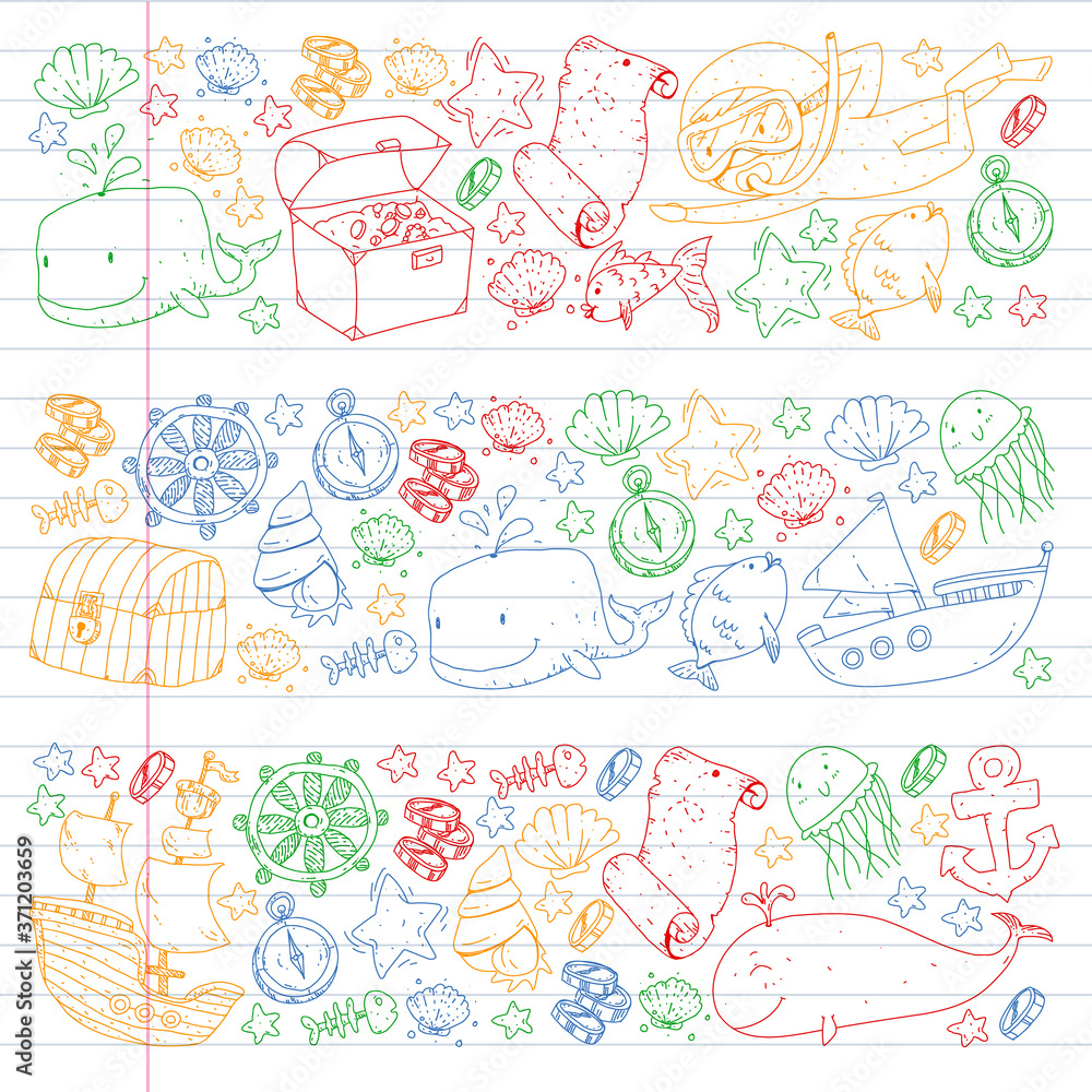 Fototapeta Vector icons of sea ocean adventure for little children. Nautical pattern for kids. Whale, pirates, pirate map, treasure chest, diving and fishes.