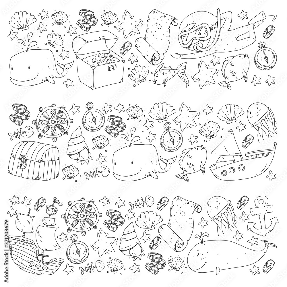Vector icons of sea ocean adventure for little children. Nautical pattern for kids. Whale, pirates, pirate map, treasure chest, diving and fishes. Vector icons of sea ocean adventure for little children. Nautical pattern for kids. Whale, pirates, pirate map, treasure chest, diving and fishes.