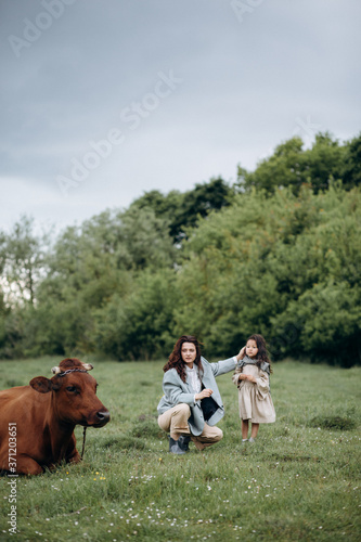 Mother and daughter walk in a field with cows. The family is having fun together