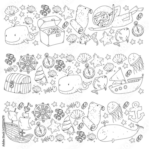 Vector icons of sea ocean adventure for little children. Nautical pattern for kids. Whale  pirates  pirate map  treasure chest  diving and fishes.