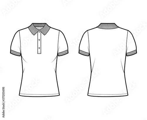 Polo shirt technical fashion illustration with cotton-jersey short sleeves, oversized, buttons along the front. Flat outwear apparel template front, back, white color. Women men unisex top CAD mockup