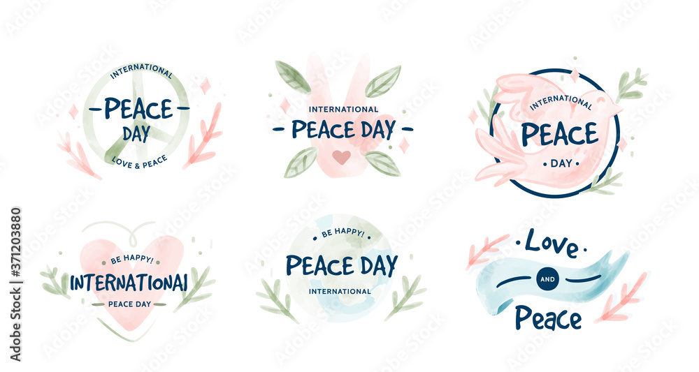 Peace day label symbols with thumbs up. Dove carries an olive branch. And a warm Heart.Digital watercolor Vector illustration Peace day label symbols with thumbs up. Dove carries an olive branch. And a warm Heart.Digital watercolor Vector illustration
