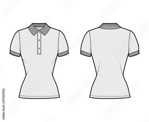 Polo shirt technical fashion illustration with cotton-jersey short sleeves, close fit, buttons along the front. Flat outwear apparel template front, back, grey color. Women men unisex top CAD mockup