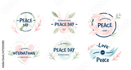 Peace day label symbols with thumbs up. Dove carries an olive branch. And a warm Heart.Digital watercolor Vector illustration