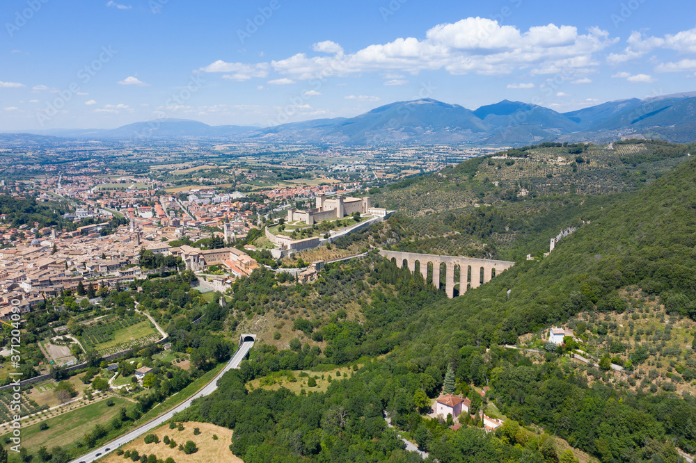 aerial view of the city of spoleto including castle and bridge umbria italy