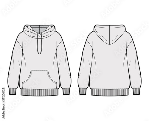 Oversized cotton-fleece hoodie technical fashion illustration with pocket, relaxed fit, long sleeves. Flat outwear jumper apparel template front, back grey color. Women, men, unisex sweatshirt top CAD