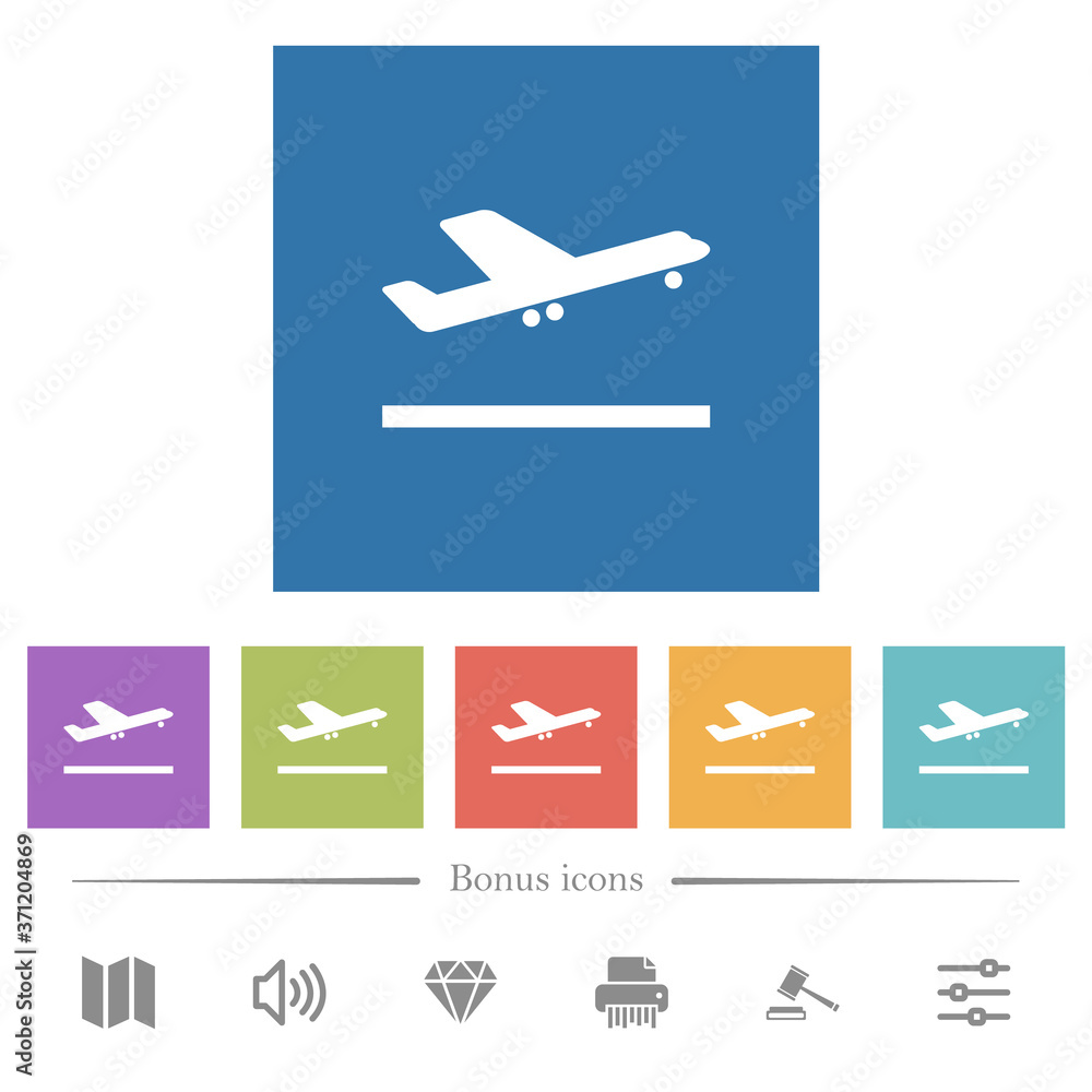 Airplane take off flat white icons in square backgrounds