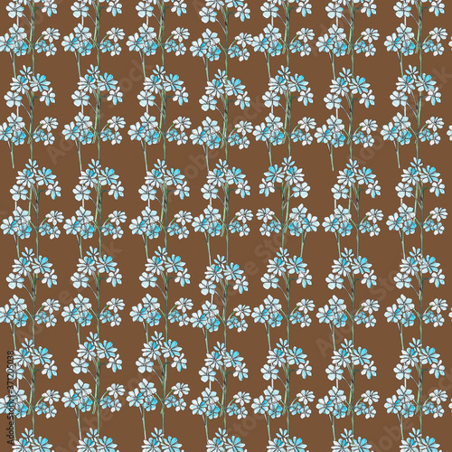 Floral ornament. Simple cute floral pattern. Little blue flowers. Forget-me-nots hand drawn doodle. Seamless pattern for textiles, covers, packaging.