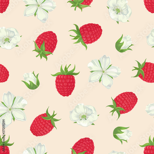 Organic collection. Vector raspberry seamless pattern with berries and flowers on a light background