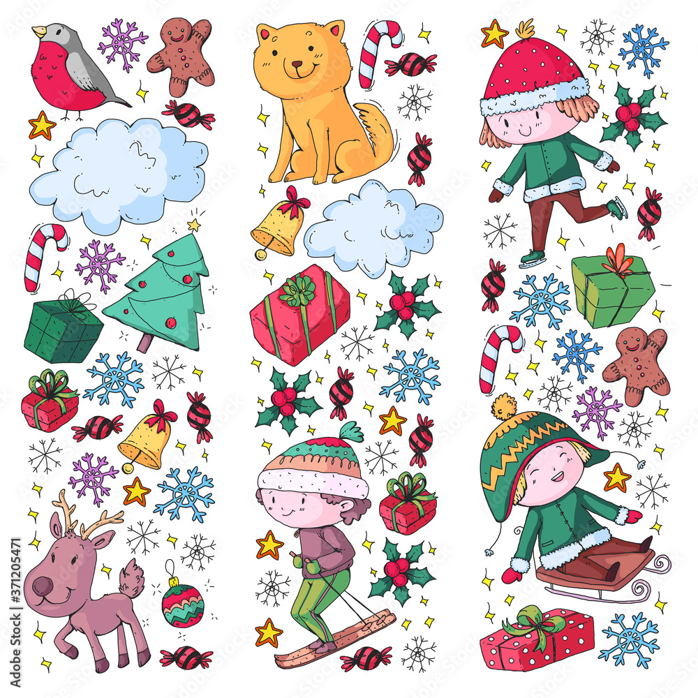 Fototapeta premium Christmas winter vector background with children. Kids vacation and sport.