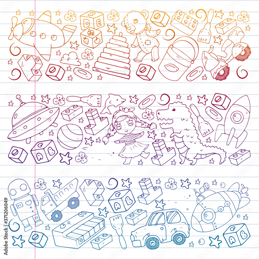 Obraz premium Set of vector toys for little children. Ufo, submarine. Cartoon dinosaur. Kindergarten kids.