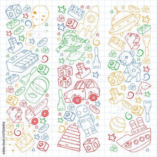 Set of vector toys for little children. Ufo, submarine. Cartoon dinosaur. Kindergarten kids.