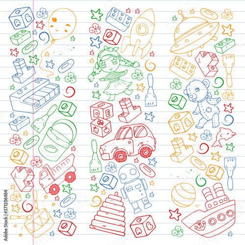 Set of vector toys for little children. Ufo, submarine. Cartoon dinosaur. Kindergarten kids.