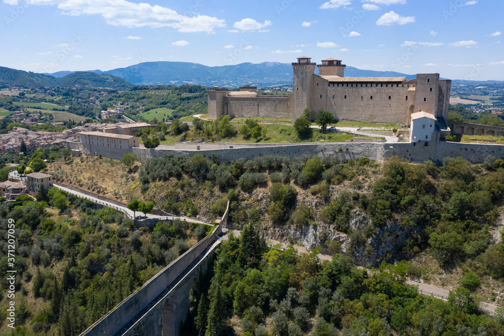 aerial view of the castle of spoleto with part of the bridge of the towers umbria italy