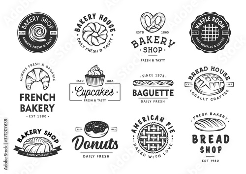 Set of vintage style bakery shop labels, badges, emblems and logo. Vector illustration. Monochrome graphic art with engraved design elements. Collection of linear graphic on white background.