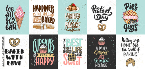 Set of bakery and sweet food, desserts lettering posters, greeting cards, decoration, prints. Hand drawn typography design elements. Handwritten lettering. Modern ink brush calligraphy.