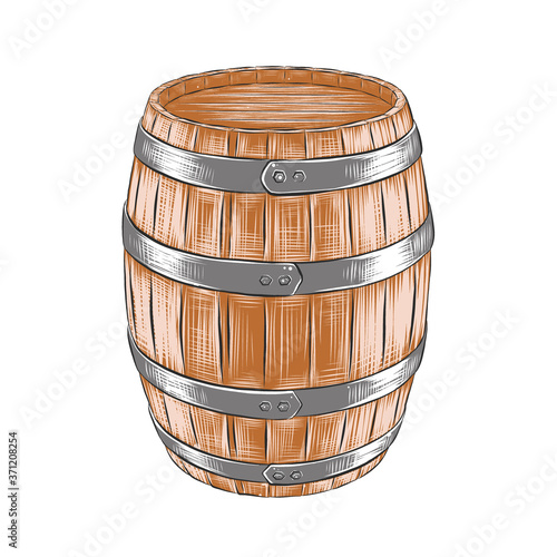 Vector engraved style illustration for posters, decoration and print. Hand drawn sketch of barrel of wine with a splash, colorful isolated on white background. Detailed vintage woodcut style