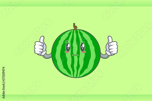 REALLY, ATTENTIVE, Curios Face Emotion. Double Thumb Up Hand Gesture. Watermelon Fruit Cartoon Drawing Mascot Illustration.