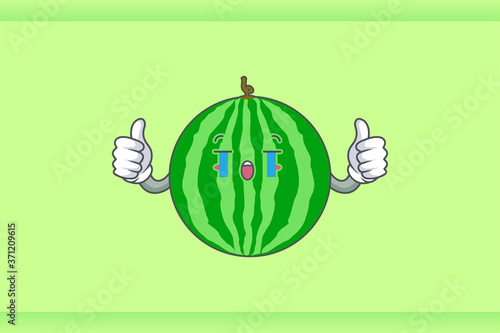 CRYING, SAD, SOB, CRY Face Emotion. Double Thumb Up Hand Gesture. Watermelon Fruit Cartoon Drawing Mascot Illustration.